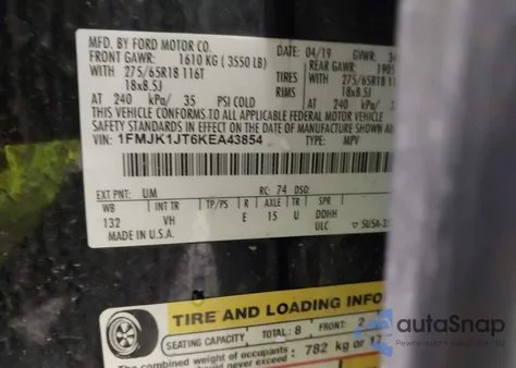 2019 Ford Expedition Max Xlt z USA, uszkodzony, nr VIN 1FMJK1JT6KEA43854